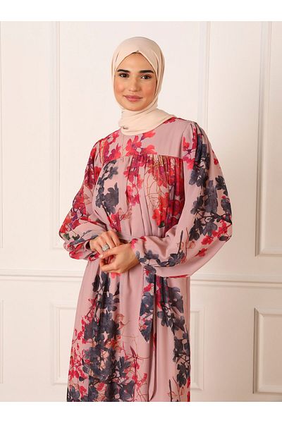 Refka Fully Lined Balloon Sleeve Chiffon Hijab Dress - Rose - Refka
