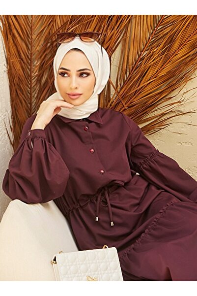 Neways Front Button Detailed Hijab Dress - Claret Red - Neways