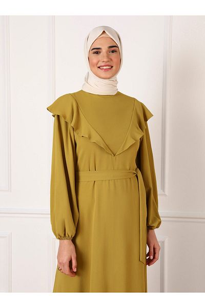 Refka Aerobin Ruffle Detailed Belted Hijab Dress - Oil Green - Refka
