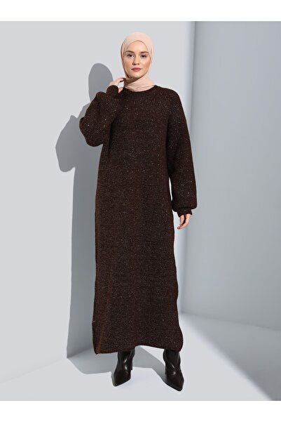 Refka Glitter Stylish Knitwear Hijab Dress - Brown Copper Glitter - Refka