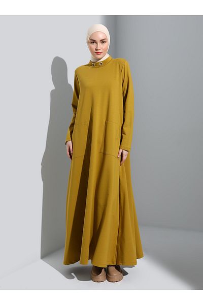 Benin Mevlana Shape Hijab Dress with Metal Accessory Detail - Oil Green - Benin