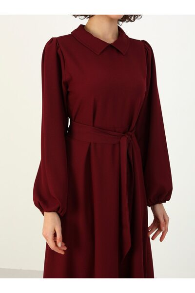 Benin Aerobin Shirt Collar Belted Hijab Dress - Claret Red - Benin