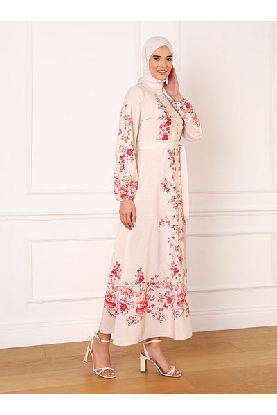 Refka Brite Detailed Floral Patterned Hijab Dress with Collar - Cherry - Refka