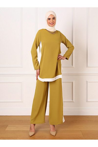 Refka Elegant Tunic & Trousers Double Set with Aerobin Stripe Detail - Oil Green - Refka