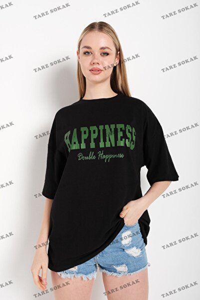 Tarzsokak Γυναικείο μαύρο μπλουζάκι με στάμπα Happiness σε μεγάλο μέγεθος