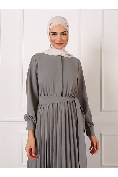 Refka Pleated Hijab Dress with Elastic Waist - Granite - Refka