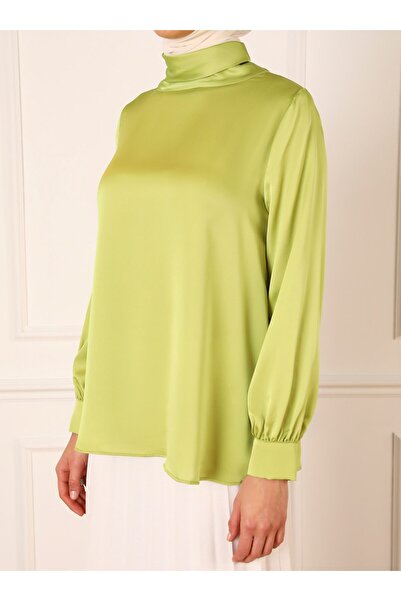 Refka Balloon Sleeve Satin Blouse with Cuffs - Linden Green - Refka