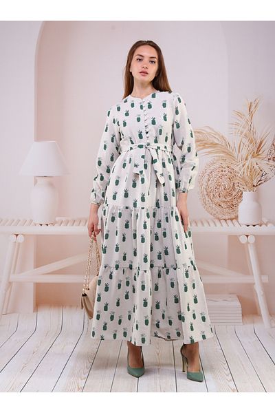 Bwest Patterned Linen Dress - Pineapple Green - Bwest