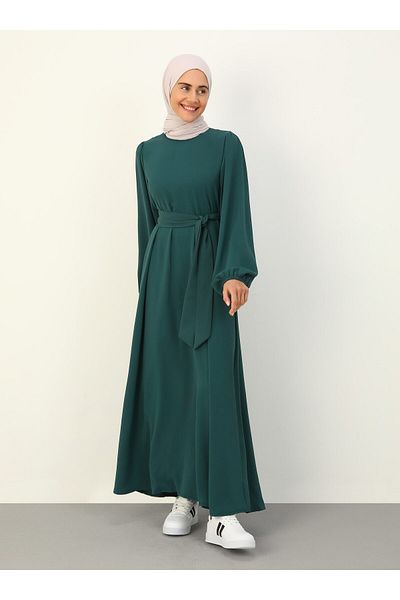 Benin Aerobin Balloon Sleeve Belted Mevlana Patterned Hijab Dress - Emerald - Benin