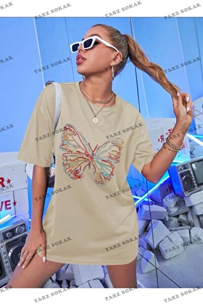 Tarzsokak Logo Fluture Bej Oversize