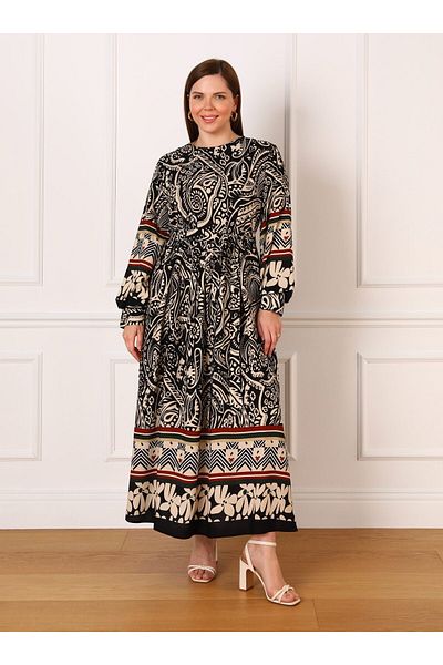 ALİA Shawl Patterned Plus Size Viscose Dress - Black Beige - Alia
