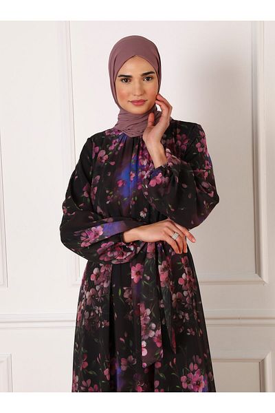 Refka Floral Patterned Balloon Sleeve Chiffon Hijab Dress - Black Flower Pattern - Refka