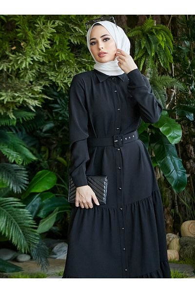 Neways Belt Detailed Hijab Dress - Black - Neways