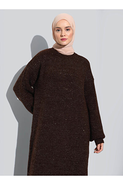 Refka Glitter Stylish Knitwear Hijab Dress - Brown Copper Glitter - Refka