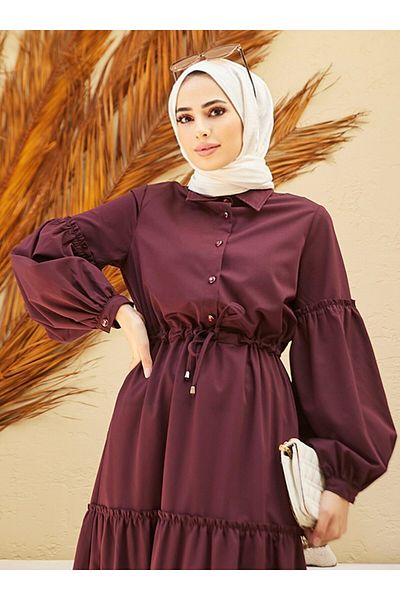 Neways Front Button Detailed Hijab Dress - Claret Red - Neways