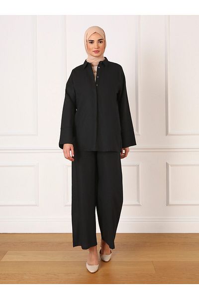 Refka Linen Tunic & Trousers Double Set - Black - Refka