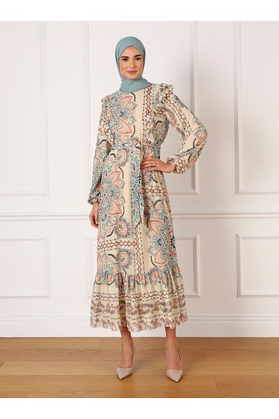 Refka Ethnic Patterned Lined Chiffon Hijab Dress - Vanilla - Refka