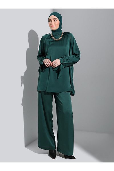 Refka Satin Tie Detailed Tunic & Trousers Double Set - Emerald Green - Refka