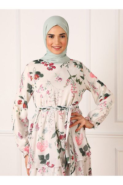 Refka Chiffon Layered Floral Patterned Hijab Dress - Off White - Refka