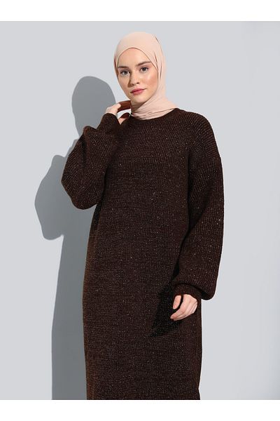 Refka Glitter Stylish Knitwear Hijab Dress - Brown Copper Glitter - Refka