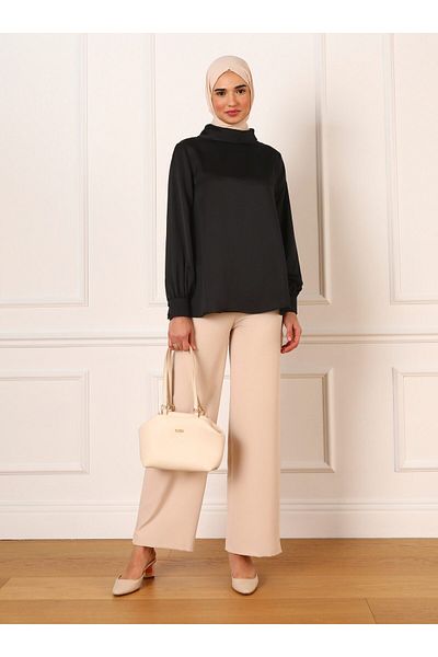 Refka Balloon Sleeve Satin Blouse with Cuffs - Black - Refka