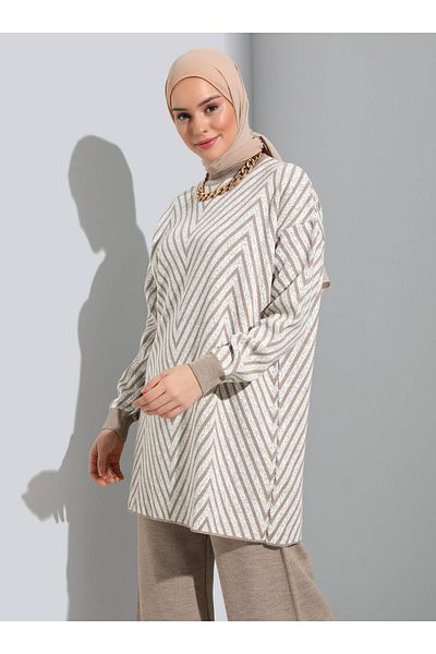 Refka Jacquard Tunic & Trousers Knitwear Set - Mink Bone - Refka