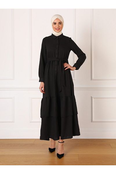 Refka Aerobin Buttoned Skirt Flounced Hijab Dress - Black - Refka