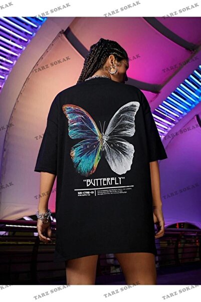 Tarzsokak Imprimeu oversize cu fluturi negri pentru femei, față și spate