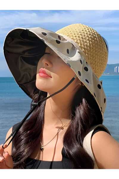 Trenderrs Pălărie pliabilă cu fundă cu buline, cu boruri largi, protejată UV