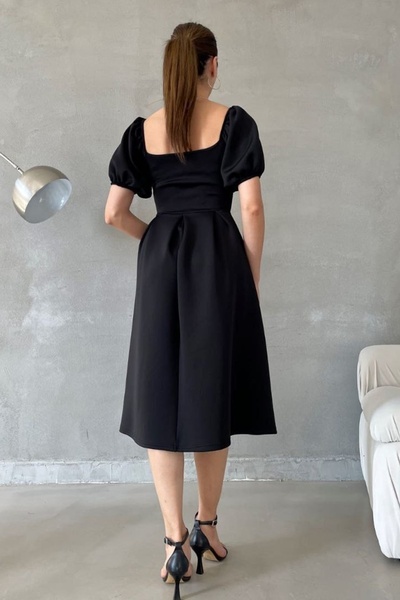 lovebox Kadın Esnek Dalgıç Kumaş Kare Yaka Balon Kol Tasarım Siyah Midi Abiye Elbise 582613