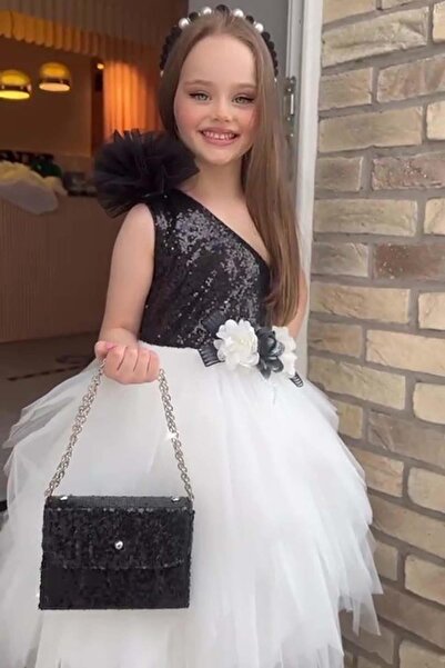 Riccotarz Κοριτσίστικο φόρεμα One Shoulder Top με παγιέτα με κεντημένο μπροστινό φλοράλ τούλι μαύρο και άσπρο φόρεμα