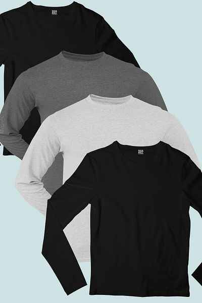 ROCKANDROLL Plain 2 Black, Anthracite, Gray Men's Long Sleeve Combed Cotton T-shirt Super Eco Pack of 4
