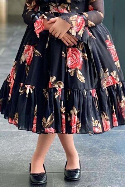 Riccotarz Girl's Flower Print Pleated Black Dress with Transparent Sleeves and Ruffled Collar