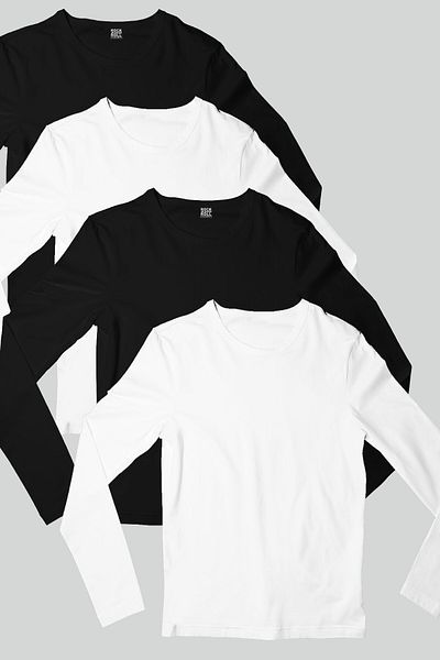 ROCKANDROLL Plain 2 Black, 2 White Long Sleeve Women's Combed Cotton T-shirt 4-Piece Super Eco Pack
