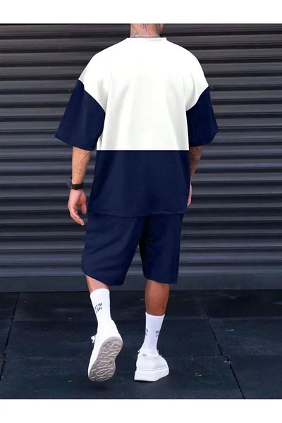 Benisengiydir Men's Navy Blue White Los Angeles Printed Pieced Top and Bottom Set