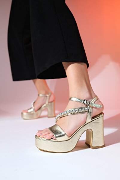 LuviShoes Pantofi de seară cu toc cu platformă MİLTON Gold Skin Stone