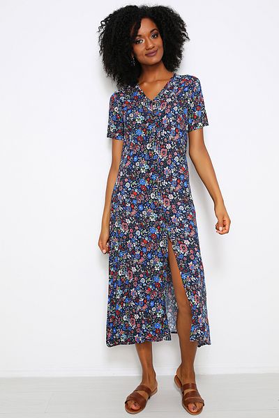 AVORWE V Neck Floral Print Short Sleeve Midi Dress with Button Front