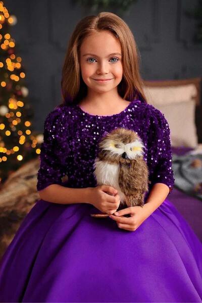 Riccotarz Girl's Shimmering Sequin Embroidered Waist Ribbon and Bow Detail Purple Dress