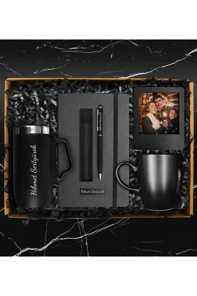 Apollon Gift Shop Kişiye Özel Çelik Bardak Termos & Kişiye Özel Defter & Deri Kılıflı Touch Pen Kalem & Siyah Kupa & F
