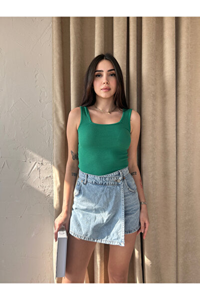 Fav Style Bluză verde pentru atlet cu nervuri pentru femei - guler pătrat, ca...