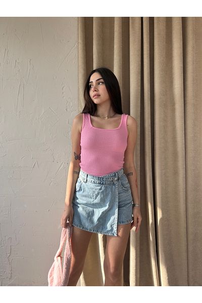 Fav Style Γυναικεία τετράγωνη λαιμόκοψη Χοντρό λουράκι με ραβδώσεις καμιζόλα με ραβδώσεις αθλητική μπλούζα ροζ