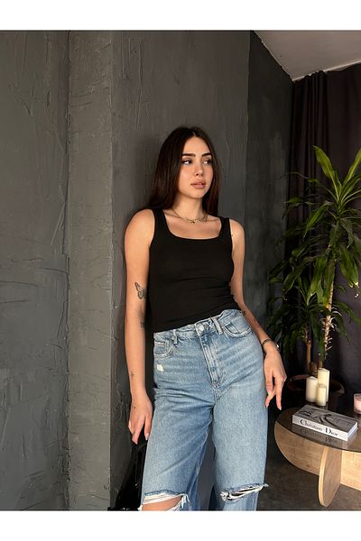 Fav Style Γυναικείο τετράγωνο λαιμό Χοντρό λουράκι Καμισόλα με ραβδώσεις Tank Top Μαύρο
