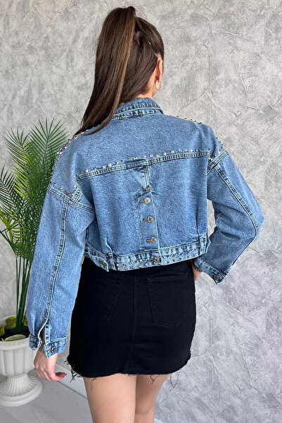 GÜLSELİ Blue Drop Crop Top Jean Denim Jacket