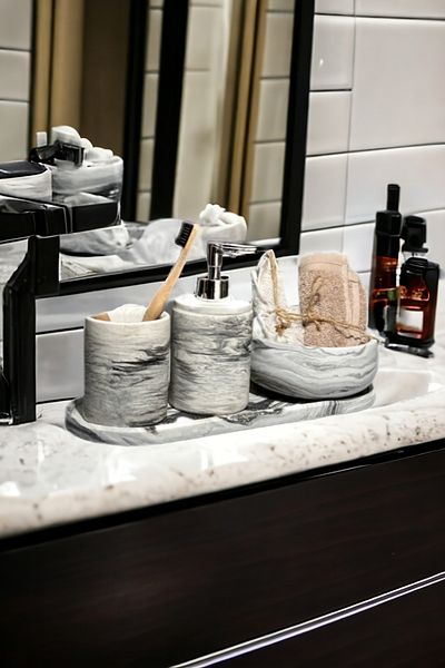 Trust Stone Marble Series - Σετ μπάνιου 6 τεμαχίων, τουαλέτα, WC, δοσομετρητής υγρού σαπουνιού, θήκη οδοντόβουρτσας και αξεσουάρ από σκυρόδεμα