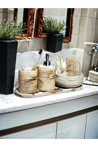 Trust Stone Σετ μπάνιου Marble Series 4 τεμαχίων, Διανομέας υγρού σαπουνιού Οδοντόβουρτσα Σετ αξεσουάρ από σκυρόδεμα