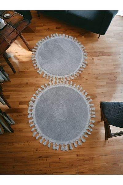 Altun 2 Pieces Open Giri Double 2 Pieces 60X60 Post Plush Pompon Fringed Plush Non-Slip Base Carpet