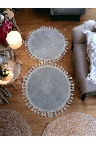 Altun 2 Pieces Open Giri Double 2 Pieces 60X60 Post Plush Pompon Fringed Plush Non-Slip Base Carpet