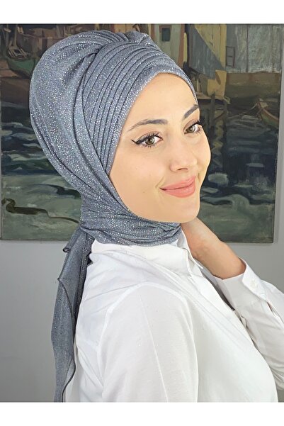 BUTİKAMBAR Gümüş Taşlı Drape Detaylı Simli Şal