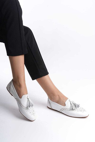 She WOMEN'S WHITE GENUINE LEATHER NON-SLIP THIN SOLE FLAT LOAFER SHOES