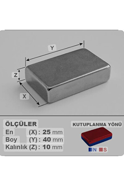 - 5 Adet - 40x25x10 - Boy 40mm X En 25mm X Kalınlık 10mm Neodymium Magnet